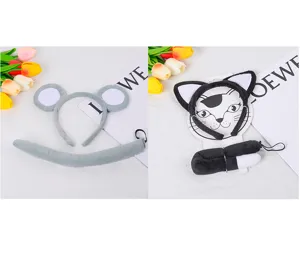 Detailed view of cute plush animal ears and tail costume set, soft texture, perfect for party dress.
