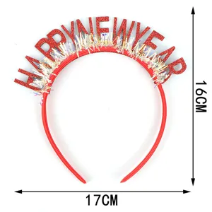 New Year red glitter headband with colorful tinsel party hair hoop for festival decoration.
