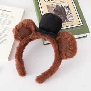 Plush bear ear headband with mini top hat cute fuzzy hair hoop autumn winter party hair accessory