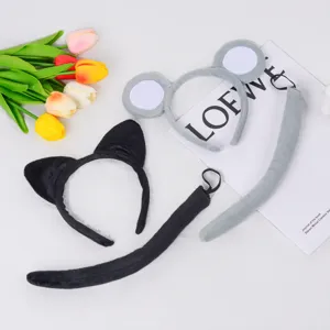 Plush Cat Mouse Ear Headband And Tail Set Animal Cosplay Party Costume Hair Accessories For Women