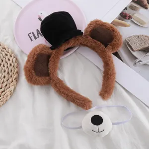 Plush bear ear headband with black top hat and nose band, cute animal costume party hair accessory.