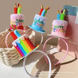 Cute birthday cake headband party hair hoop plush cute candle headwear photo prop gift.