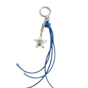 Blue woven leather rope star pendant keychain charm, stylish bag accessory lanyard.