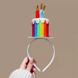 Rainbow birthday cake headband for kids women party cute plush hair hoop celebration gift.