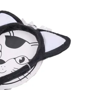 Black plush cat ear headband with white inner ears, cute animal costume hair hoop for party.