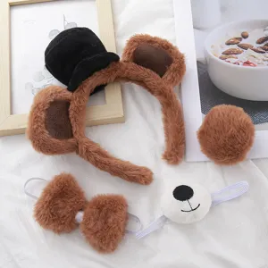 Brown plush bear ear headband and cute cartoon hair accessories set for daily wear.