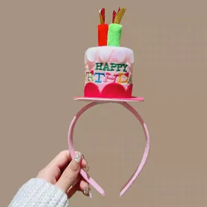 Cute plush birthday cake headband with candles, perfect party hair accessory for celebrations.