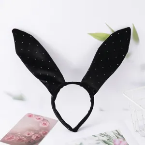 Cute black velvet rabbit ear headband with rhinestones for women, perfect for parties.