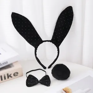 Black bunny ear headband bow tail set cute Halloween party hair accessories plush costume