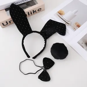 Black velvet bunny ear headband set with polka dots, perfect for Halloween and cosplay parties.