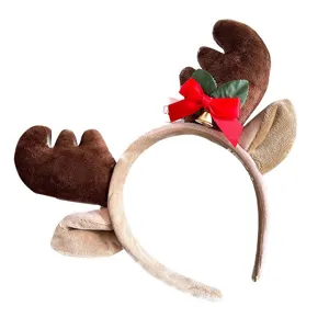 Serre-tête en peluche de renne de Noël avec des bois mignons et un beau nœud rouge.