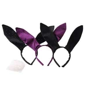 Cute bunny ear headband for women, plush Halloween party costume hair accessories black purple