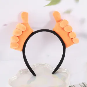Cute plush thumbs-up gesture headband detail shot, perfect for funny photos and daily skincare wear.