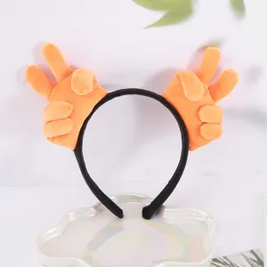 Cute plush scissor hand gesture headband detail, funny cartoon hair hoop accessory for women.