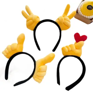 Cute cartoon hand gesture plush headband for women, funny peace sign and heart hair hoop.