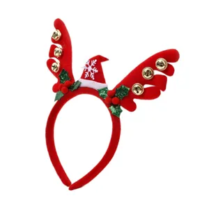 Christmas reindeer antler headband with mini Santa hat bells and cute holiday party hair decor