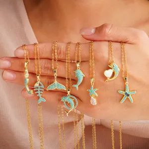 Mode Cuivre Turquoise Artificielle Strass Baleine Étoile de Mer Queue de Sirène Pendentif Collier Pour Femmes Bijoux Élégants