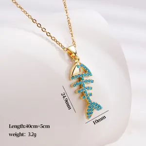 Collier pendentif arête de poisson turquoise plaqué or élégante chaîne clavicule bijou