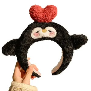 Cute black plush headband with red heart cartoon anime character hair hoop for women girls