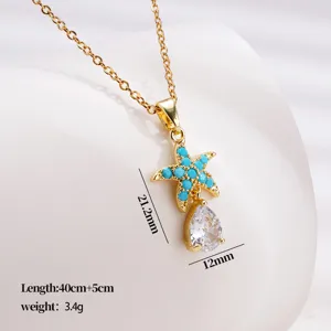 Collier pendentif étoile de mer en turquoise plaqué or avec zircone chaîne clavicule.
