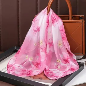 Pink floral chiffon square scarf, versatile small neck scarf and stylish hair accessory.