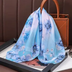 Floral Chiffon Square Scarf 60cm Pastoral Style Blue Neckerchief Hair Band Daily Wear