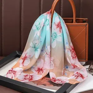 Gradient floral chiffon square scarf, versatile small neckerchief and head wrap for women.