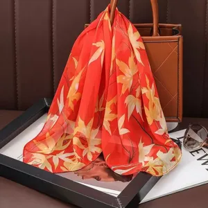 Red maple leaf print chiffon silk square scarf, elegant fashion neck accessory for women.