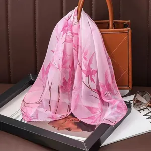Chic pink floral print chiffon small square scarf, elegant neckerchief for versatile daily wear.