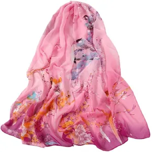 Spring and autumn pink floral printed chiffon scarf beach towel for women protection.