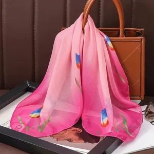 Pink gradient floral chiffon small scarf, elegant tulip pattern design for versatile daily neck wear.
