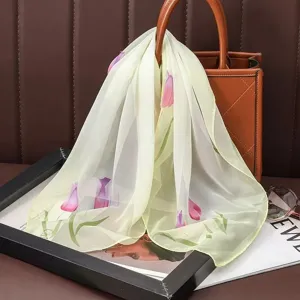 60cm chiffon floral square scarf for women, elegant tulip print neck and head wrap.