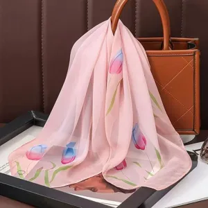 Pink tulip print chiffon square scarf versatile small neckerchief for women fashion accessory.