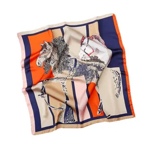 Luxury 90cm square silk scarf with elegant horse print and vintage geometric stripes.