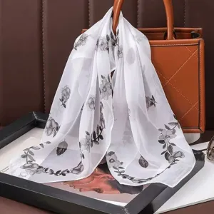 White floral print chiffon square scarf, elegant neckerchief for women detailed view.