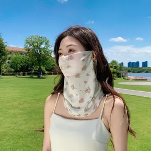 Floral print sun protection face mask detail, lightweight breathable chiffon fabric style.