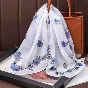 60cm white floral printed chiffon square scarf, versatile elegant neckerchief for women.