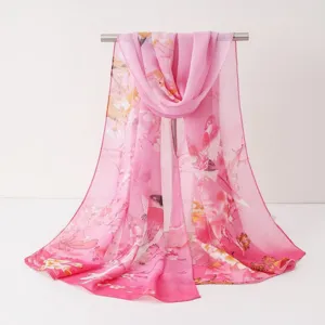 Écharpe en mousseline à motif floral style chinois rose, châle élégant anti-UV.