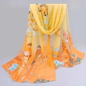 Yellow gradient floral chiffon scarf, traditional bird print long shawl for spring summer.