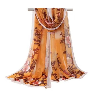 Women floral printed chiffon scarf lightweight sun protection wrap shawl for spring autumn