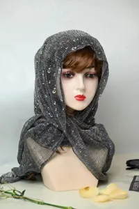 Chiffon metallic sequin crinkle headscarf detail, versatile summer sun protection shawl.