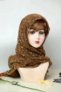 Brown crinkled chiffon hijab with metallic threads and sequins for women summer fashion accessory