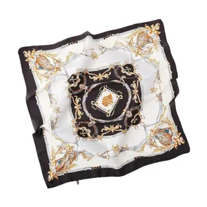 Women luxury silk feel square scarf with elegant baroque chain print for spring and summer fashion.