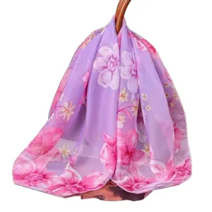 Floral print chiffon square scarf for women, lightweight spring and summer sun protection beach wrap.