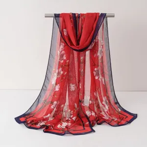 Femme foulard mousseline floral rouge long châle plage pour printemps automne soleil