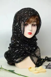 Black sequin chiffon headscarf detail showing shimmering glitter texture and draped style.