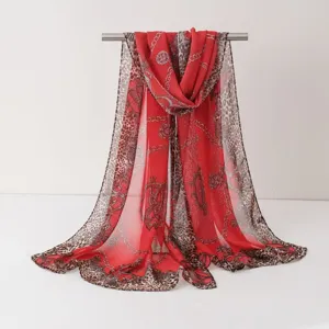 Foulard en mousseline rouge femmes élégante chaîne vintage imprimé léopard châle léger d'été