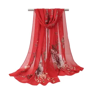 Écharpe en mousseline florale rouge femme châle de protection solaire été mode élégant