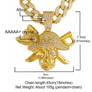 Close-up detail of the alloy pirate skull pendant featuring sparkling AAAAA+ crystals.