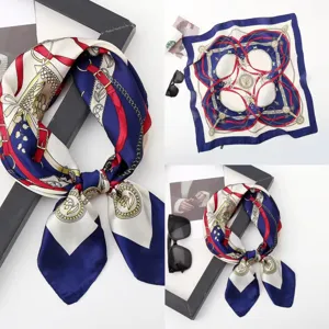 Elegant women's square silk satin scarf with luxury chain print, chic neckerchief accessory.